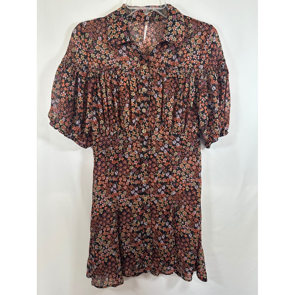 Free People Floral Button Front Mini Shirt Dress Small Black Orange Ditsy Sheer